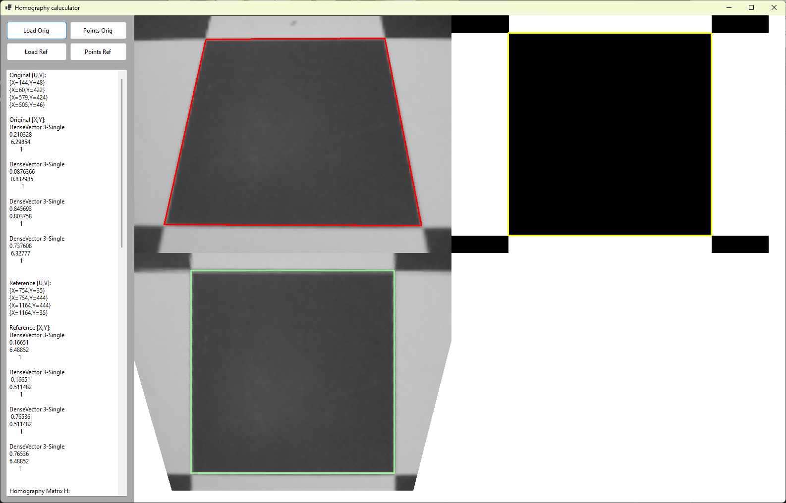 Homography calculator showing source, reference and transformed image planes